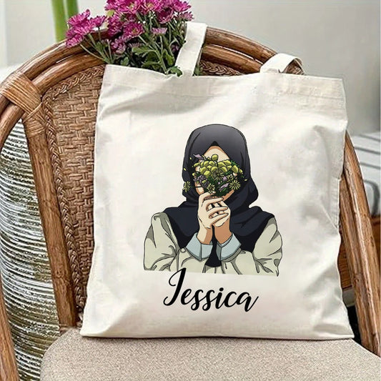 Personalized Hijabi Girls with Name Shoulder Bag Female Travel Canvas Bags Muslim Girls Handbag Harajuku Tote Eid Gift for Her