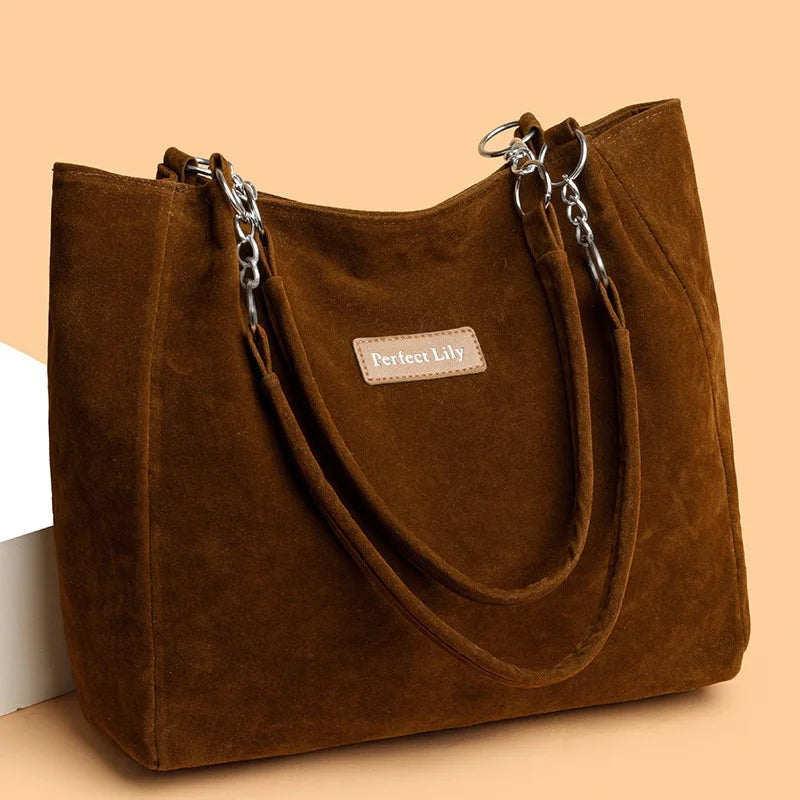 European American Autumn Winter Large Capacity Suede Women's Bag, Vintage Handbags Women Shoulder Bag, Retro Faux Suede Tote Bag