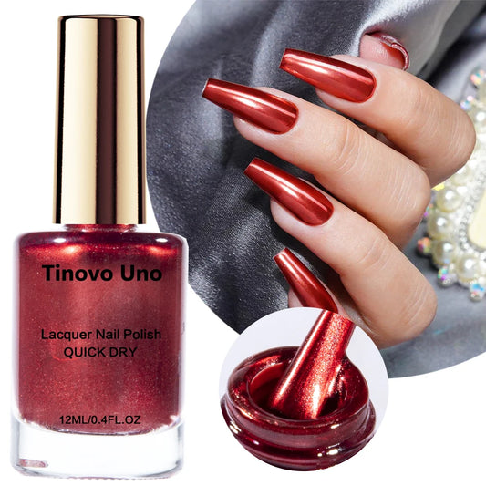 Tinovo Uno Metallic Nail Polish Mirror Red Regular Normal Nail Lacquer QuicK Dry Shimmer Manicure Growth Bright Oil Top Finish