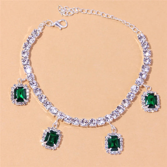 Huitan Paved Green/White CZ Anklet for Women Boho Style Girl Barefoot Sandals Bracelet Ankle on the Leg Beach Summer Accessories