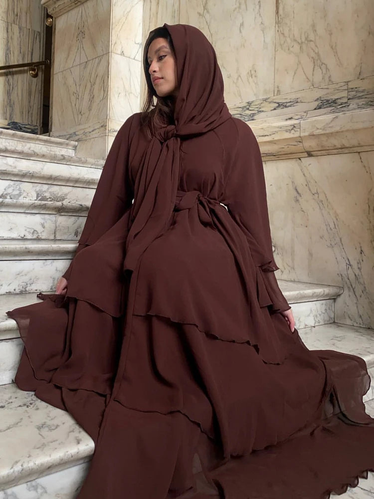Eid Muslim Abaya for Women Chiffon 3 Layers Cake Party Cardigan Robe Jalabiya Dresses Ramadan Morocco Abayas Kaftan Vestidos