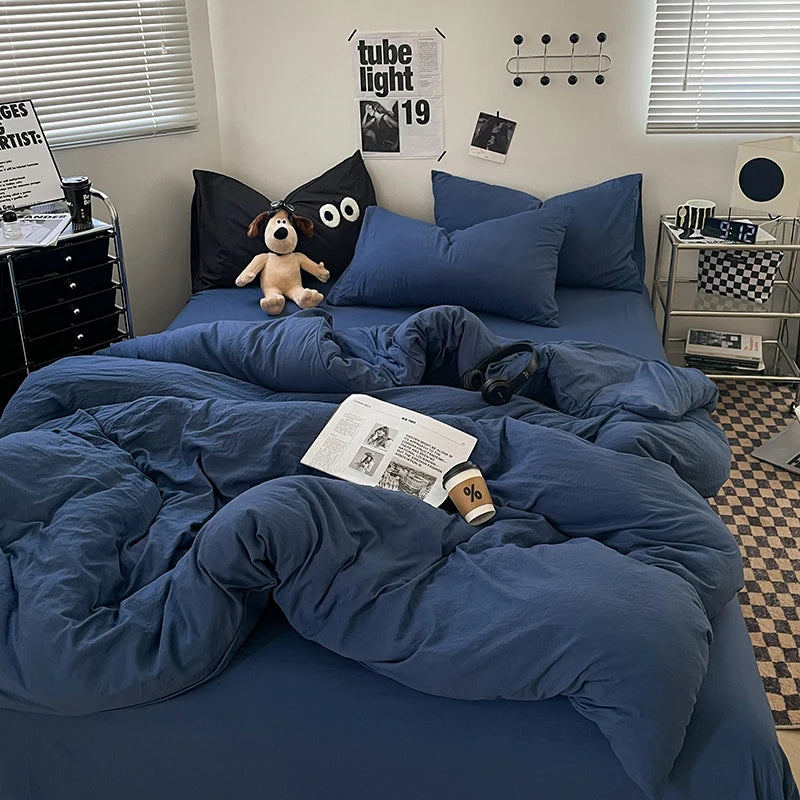 1pc Blue Duvet Cover 150x200  Washed Cotton Quilt Cover Queen Size Bed Linen for Girls Boys Room (Pillowcase Need Order)