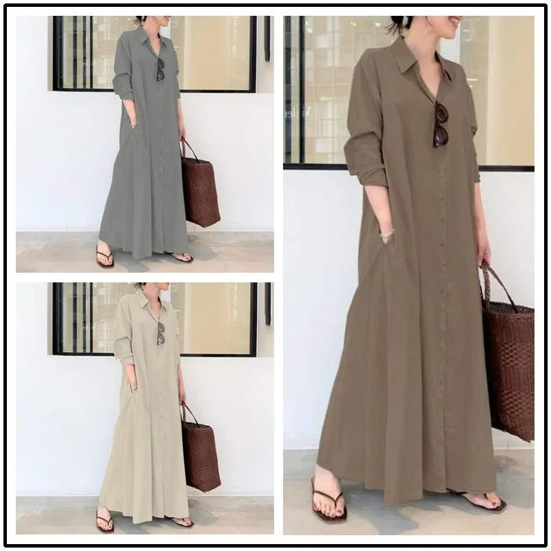 2025 Abayas For Women Cotton Linen Solid Color Lapel Long Sleeve Pocket Robe Femme Musulman Simple Loose Casual Long Shirt Dress