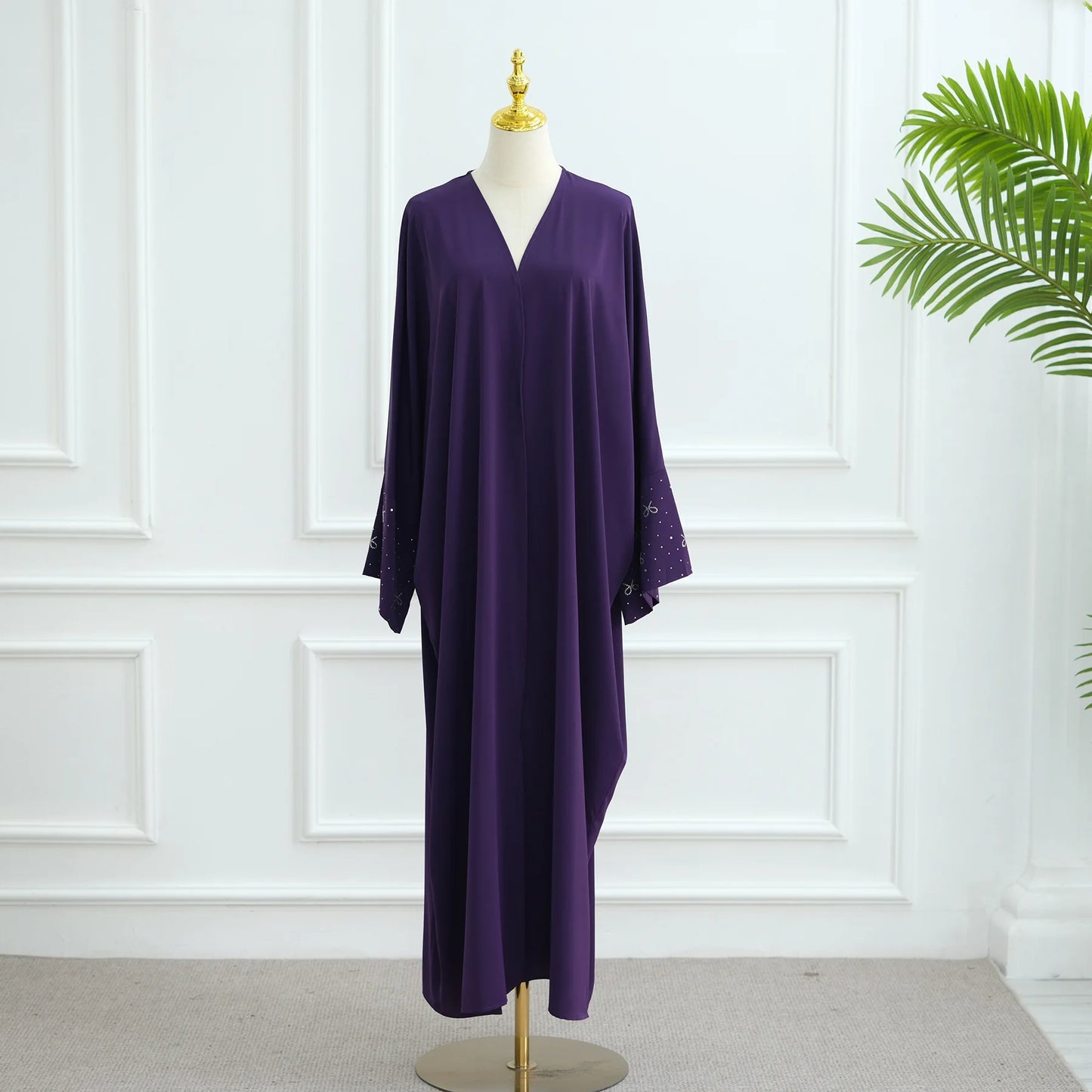 Luxury Dubai Abaya with Beaded Bow Modest Dress for Muslim Women Elegant Open Front Cover Cardigan Fashion Plain Turkey Outfit