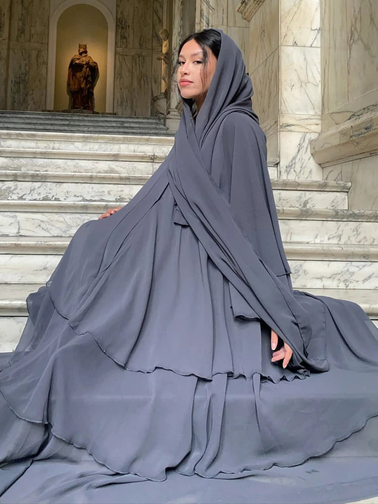 Eid Muslim Abaya for Women Chiffon 3 Layers Cake Party Cardigan Robe Jalabiya Dresses Ramadan Morocco Abayas Kaftan Vestidos