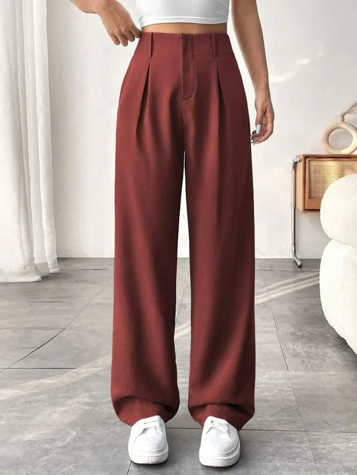 Women High Waist Straight Leg Trousers Slim Fit Solid-coloured Pleated Suit Trousers with Pockets Office Classic Casual Pants