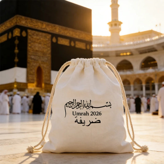 Personalized Umrah 2026 Drawstring Bag Islamic Arabic Calligraphy Canvas Backpack Muslim Pilgrimage Eid Al-Adha Decoration Gift