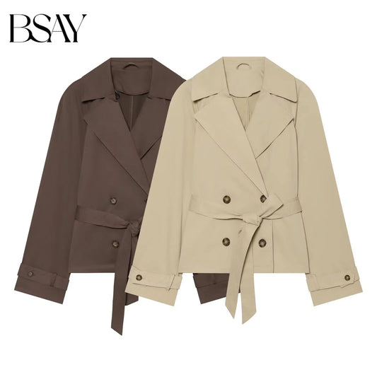 BSAY Women's Short Double-Breasted Belted Crop Trench Coat
