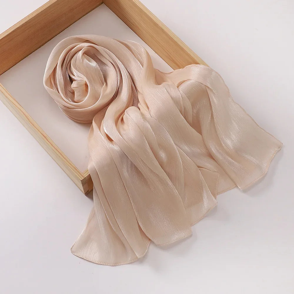 Female Shimmer Shawl Silk Hijab Scarf Breathable Cool Island Satin Medine Silk Veil Musulmans Shiny Silk Shawl Women's Scarves