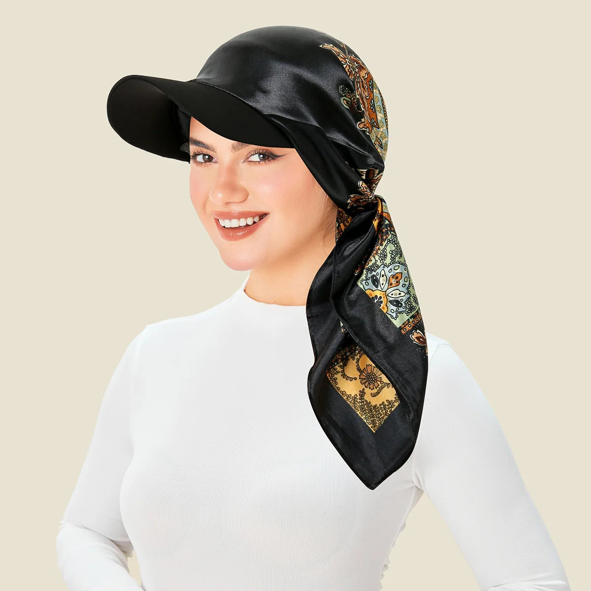 Floral Print Satin Turban Hijab Cap