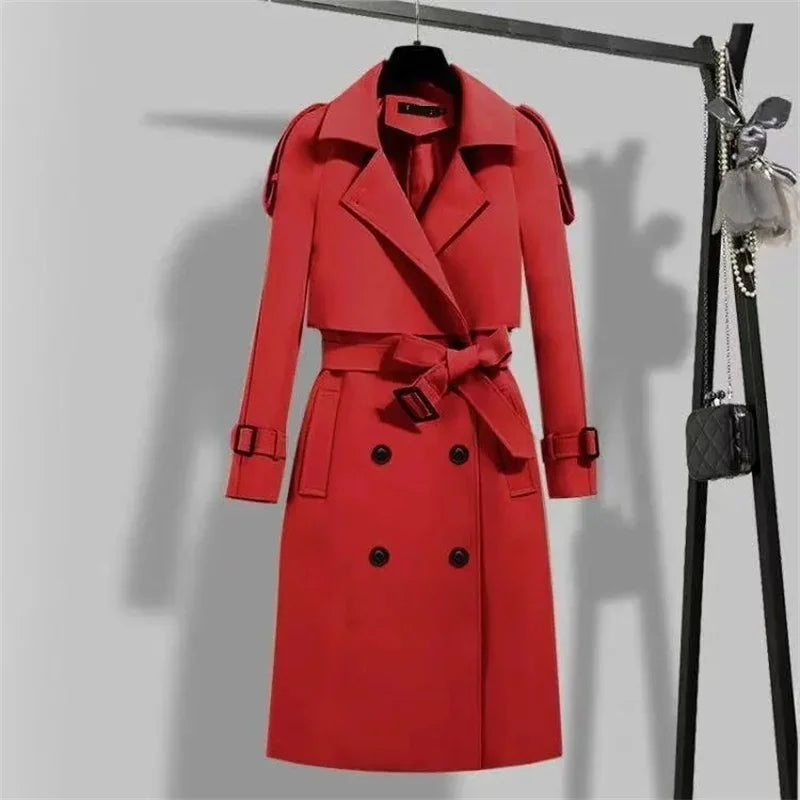Women Long Trench Coat Fashion Windproof Coat Double Breasted Trench Coats Green Belt Windbreaker Spring Autumn Female Outerwear