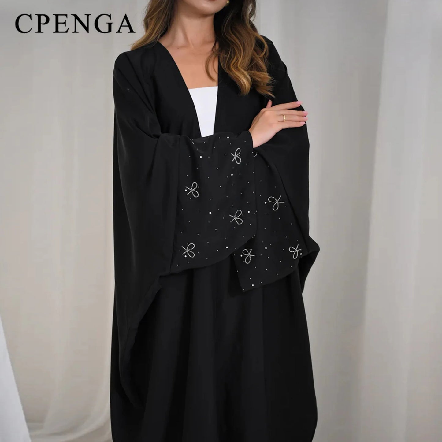 Luxury Dubai Abaya with Beaded Bow Modest Dress for Muslim Women Elegant Open Front Cover Cardigan Fashion Plain Turkey Outfit
