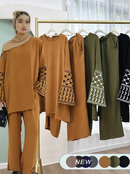 Middle Eastern Embroidered Top & Wide-Leg Pants Set