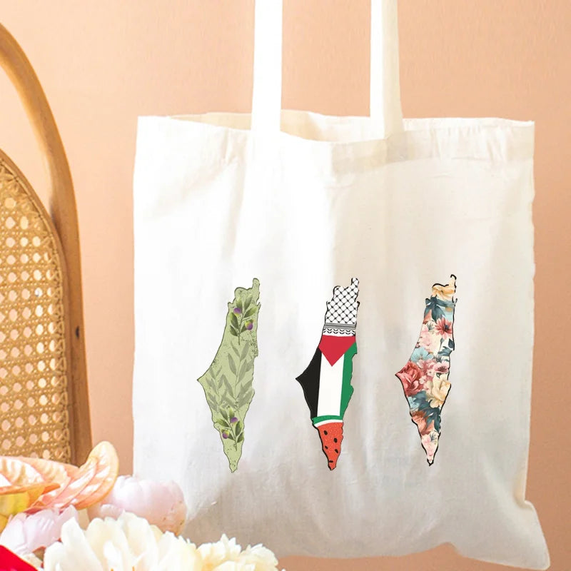 Arabic Calligraphy Olive Map Canvas Shopping Bag Adorable Bags for Outdoor Parties Travel Shoulder Girl Large Capacity Tote Bags