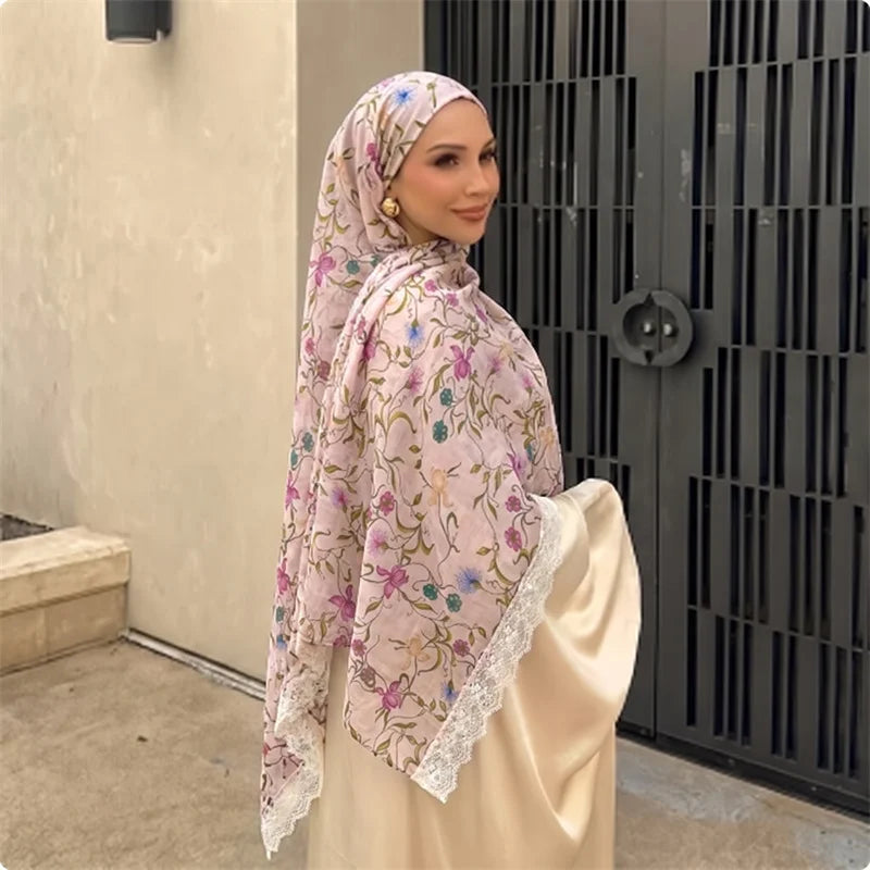 Floral Print Chiffon Muslim Hijab Scarf with Lace Edge