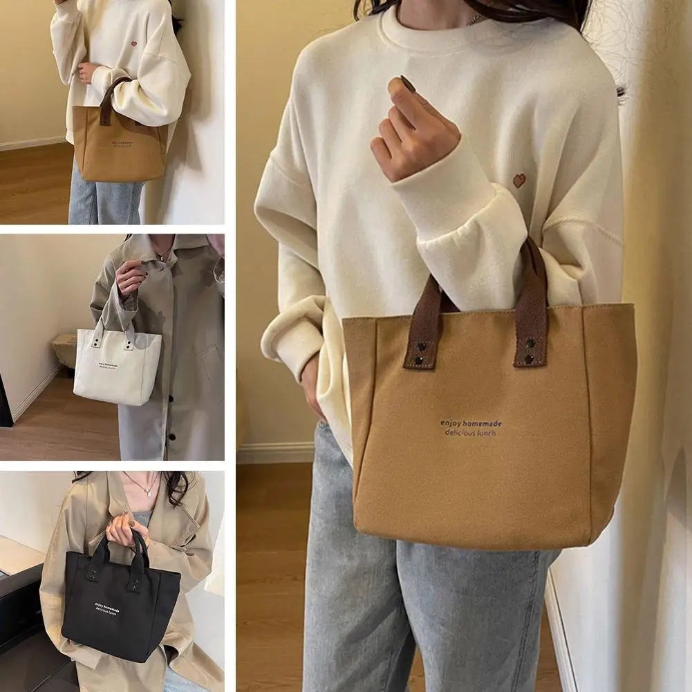 Canvas Tote Bag For Women Versatile Solid Color Shoulder Bag Waterproof Thermal Insulated Food Storage Handbag