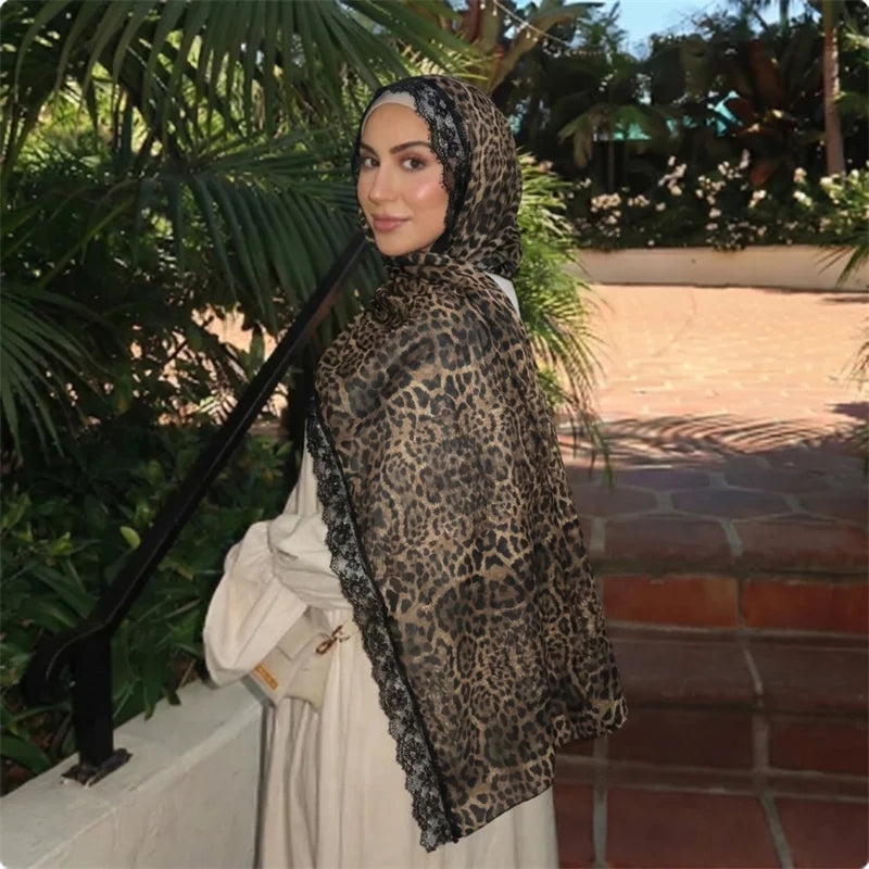 Floral Print Chiffon Muslim Hijab Scarf with Lace Edge