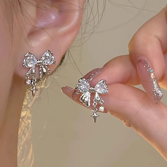 1 Pair Elegant Bow Earrings Luxurious Zirconium Alloy Daily Wear Exquisite Earrings Women Simple Fashionable Jewelry Earrings