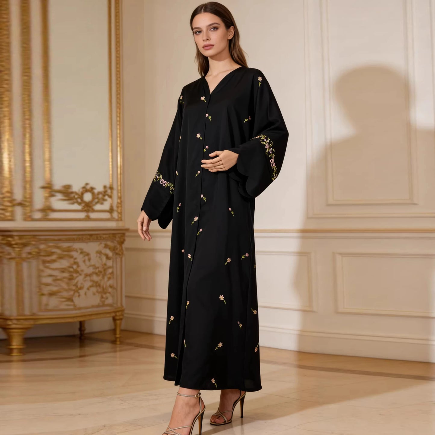 Luxurious Floral Embroidery Hijab Dress for Muslim Women Elegant Dubai Modest Abaya Eid Islam Party Jalabiya Turkey Kaftan Robe