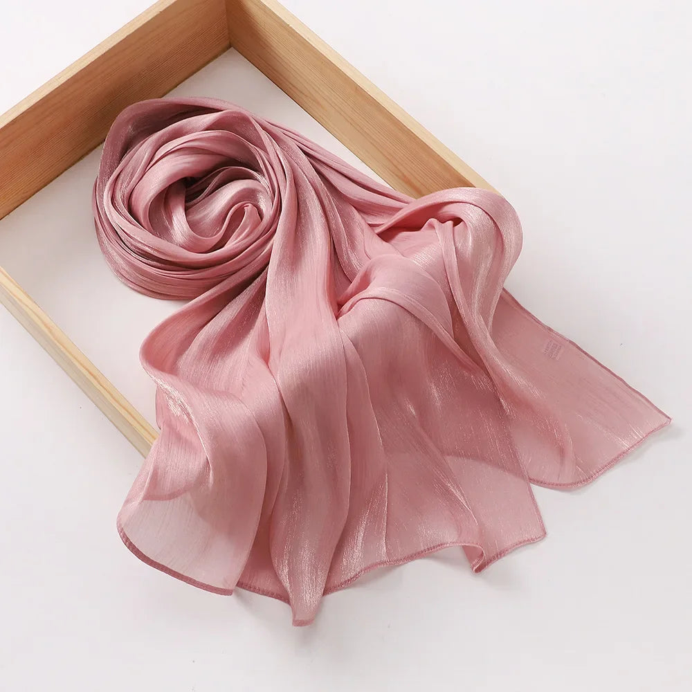 Female Shimmer Shawl Silk Hijab Scarf Breathable Cool Island Satin Medine Silk Veil Musulmans Shiny Silk Shawl Women's Scarves