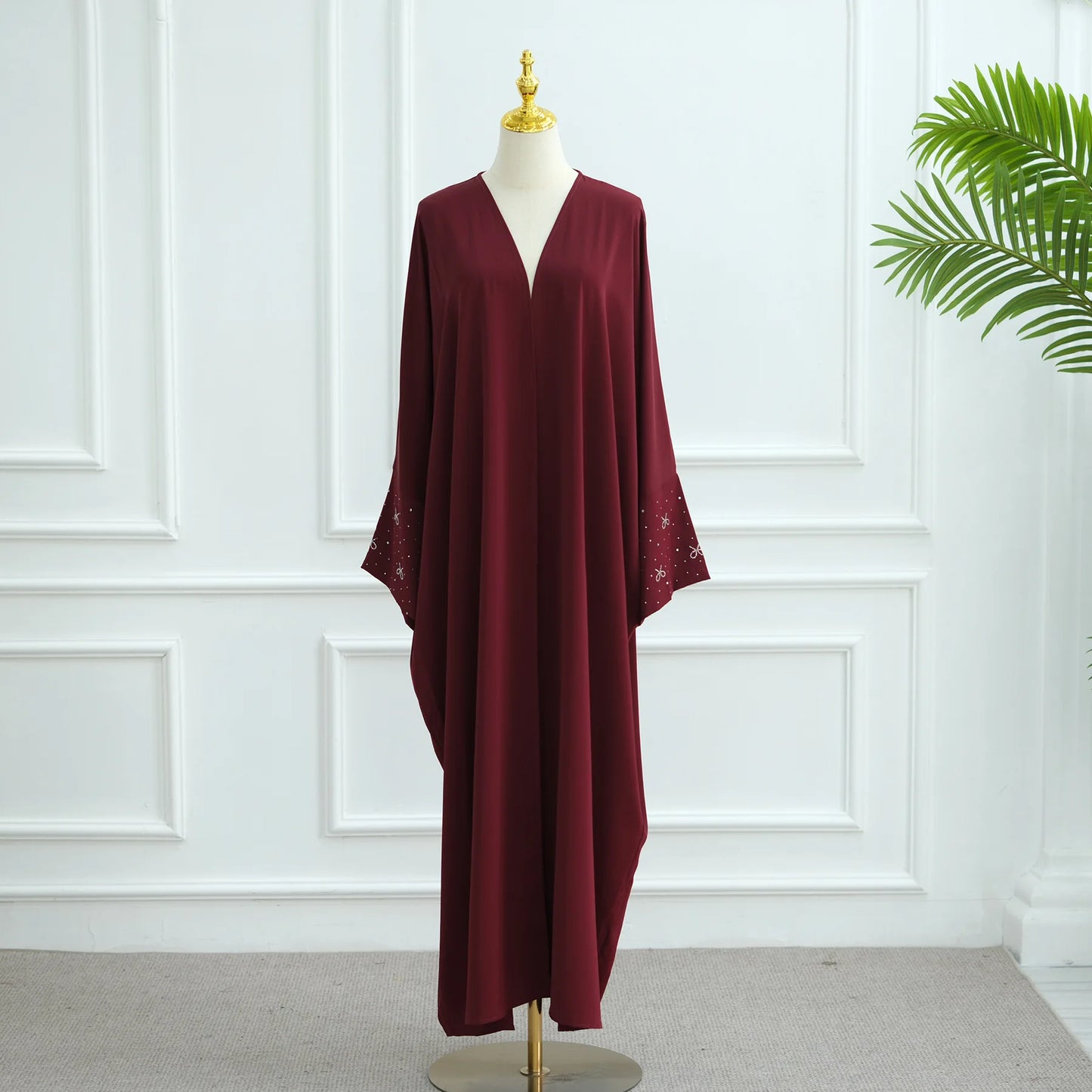 Luxury Dubai Abaya with Beaded Bow Modest Dress for Muslim Women Elegant Open Front Cover Cardigan Fashion Plain Turkey Outfit