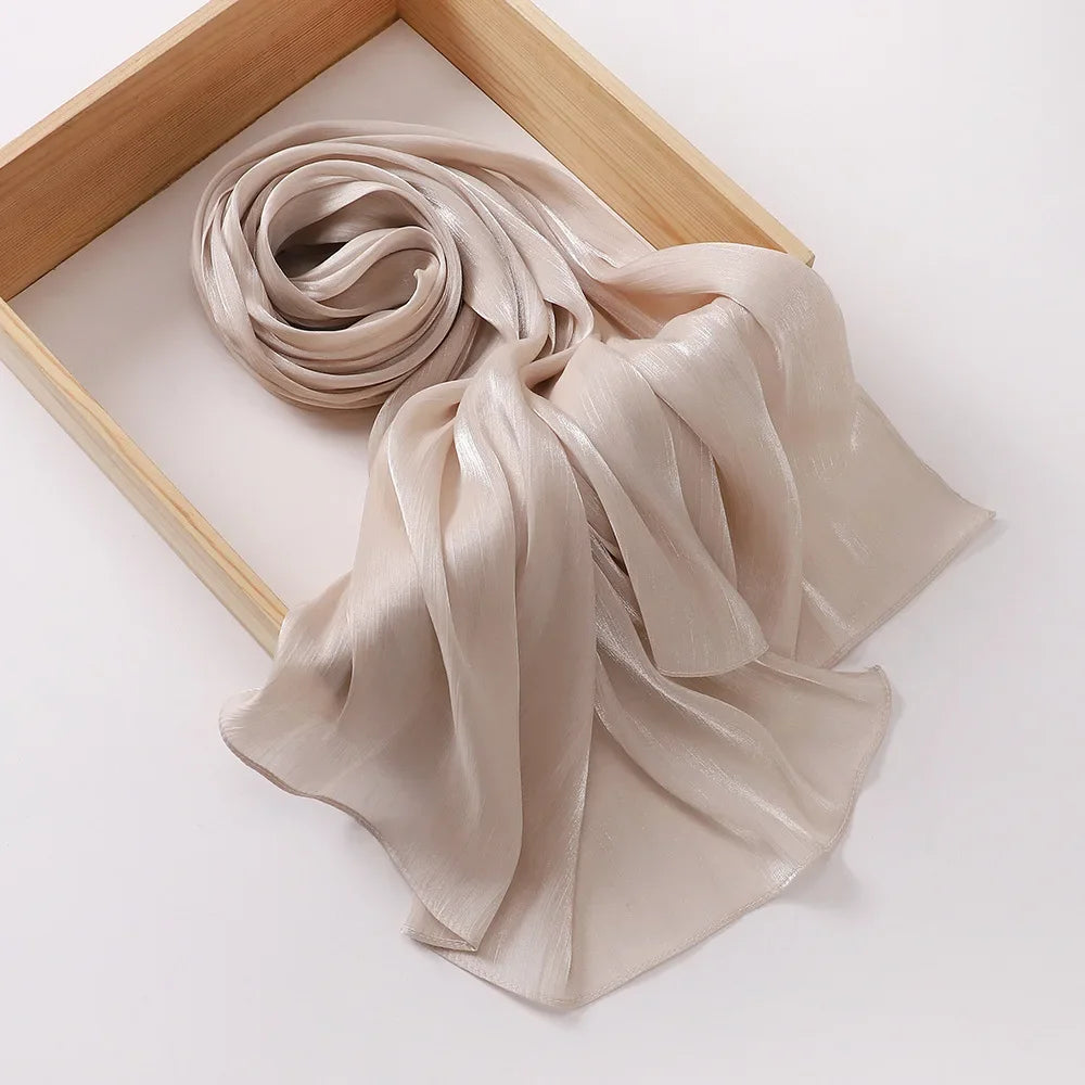 Female Shimmer Shawl Silk Hijab Scarf Breathable Cool Island Satin Medine Silk Veil Musulmans Shiny Silk Shawl Women's Scarves