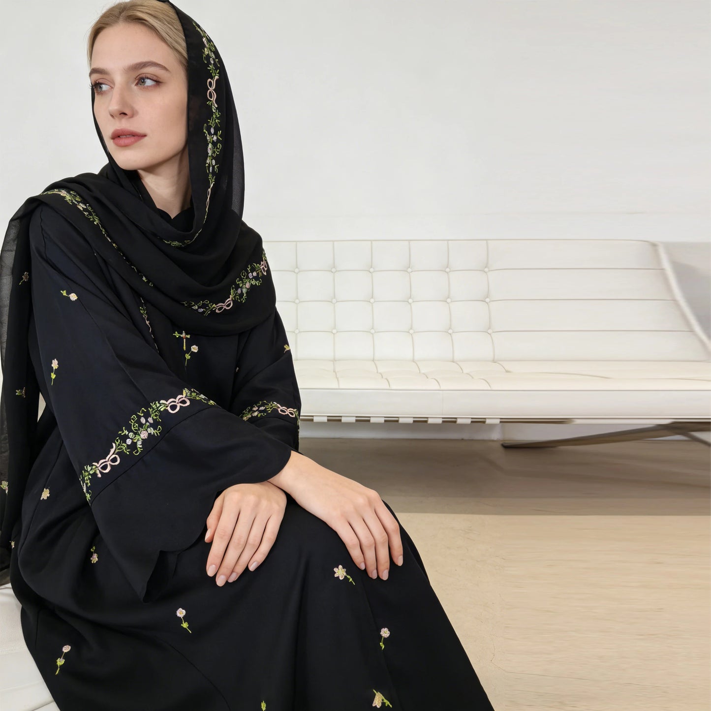 Luxurious Floral Embroidery Hijab Dress for Muslim Women Elegant Dubai Modest Abaya Eid Islam Party Jalabiya Turkey Kaftan Robe
