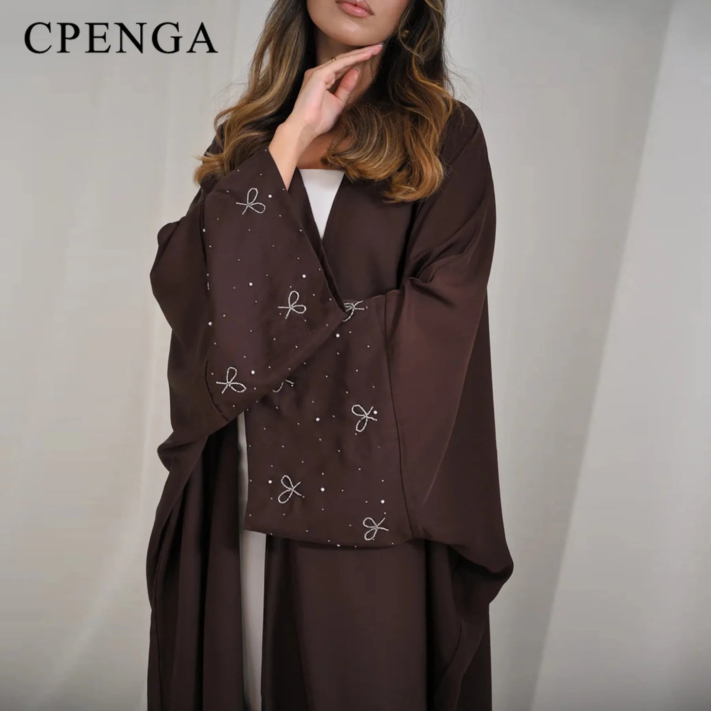 Luxury Dubai Abaya with Beaded Bow Modest Dress for Muslim Women Elegant Open Front Cover Cardigan Fashion Plain Turkey Outfit