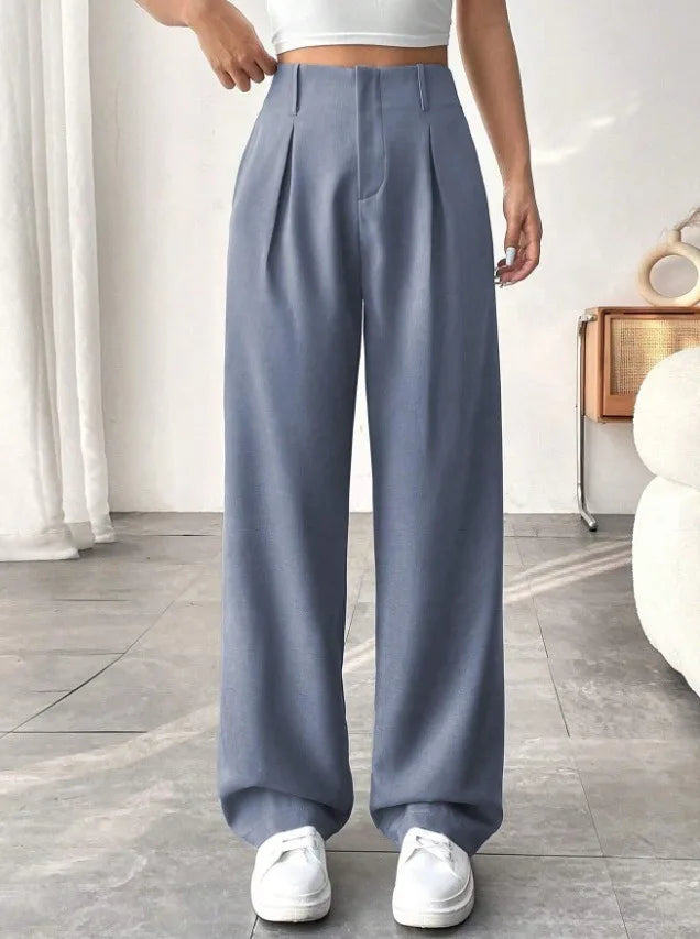 Women High Waist Straight Leg Trousers Slim Fit Solid-coloured Pleated Suit Trousers with Pockets Office Classic Casual Pants