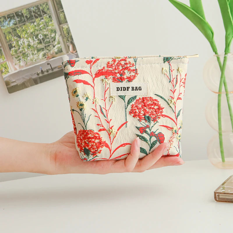 Women's Makeup Bag, Blue Bouquet, Large Capacity Sanitary Napkin, Touch-up, Makeup Supplies, Canvas Storage Bag, Toiletry Bag