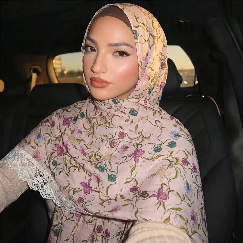 Floral Print Chiffon Muslim Hijab Scarf with Lace Edge