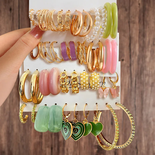 Green Butterfly Heart Dangle Earring Set for Girls Acrylic Gold Color Pearl Set Ear Rings 2023 New Fashion Jewelry Gifts