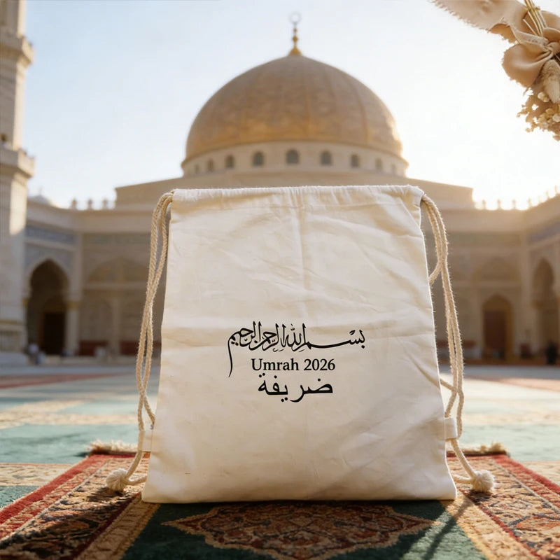 Personalized Umrah 2026 Drawstring Bag Islamic Arabic Calligraphy Canvas Backpack Muslim Pilgrimage Eid Al-Adha Decoration Gift