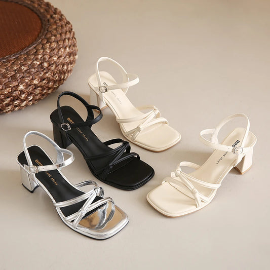 Summer Women Narrow Band Sandals Fashion Thick Heel Shoes Ladies Casual Dress Street Style Sandalis