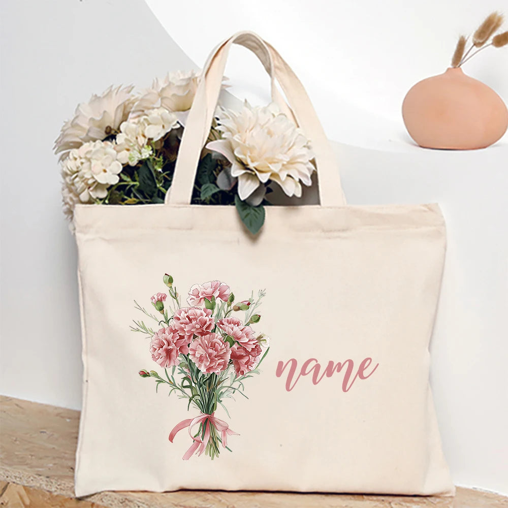 Personalized Shoulder Bag Birth Month Flower with Name Tote Bag Monogram Canvas Bags Wendding Birthday Holiday Best Gift for Her