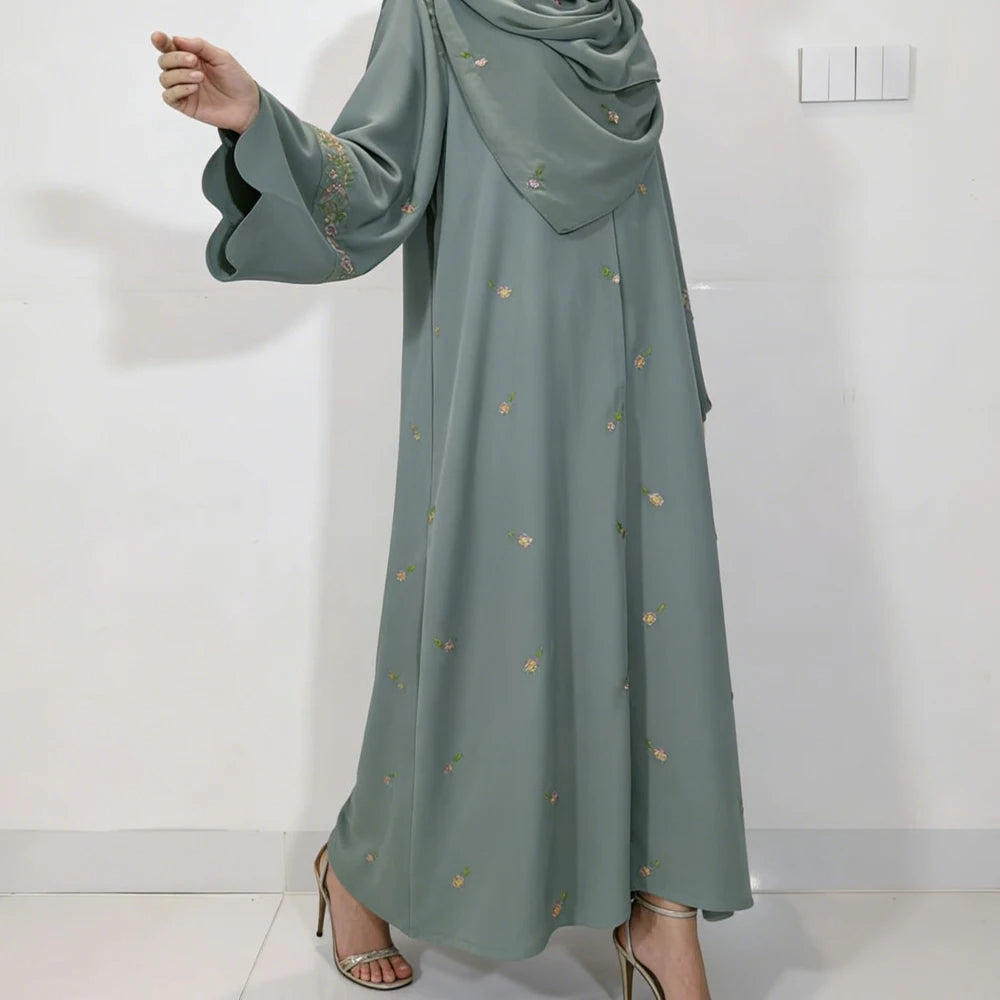 Luxurious Floral Embroidery Hijab Dress for Muslim Women Elegant Dubai Modest Abaya Eid Islam Party Jalabiya Turkey Kaftan Robe