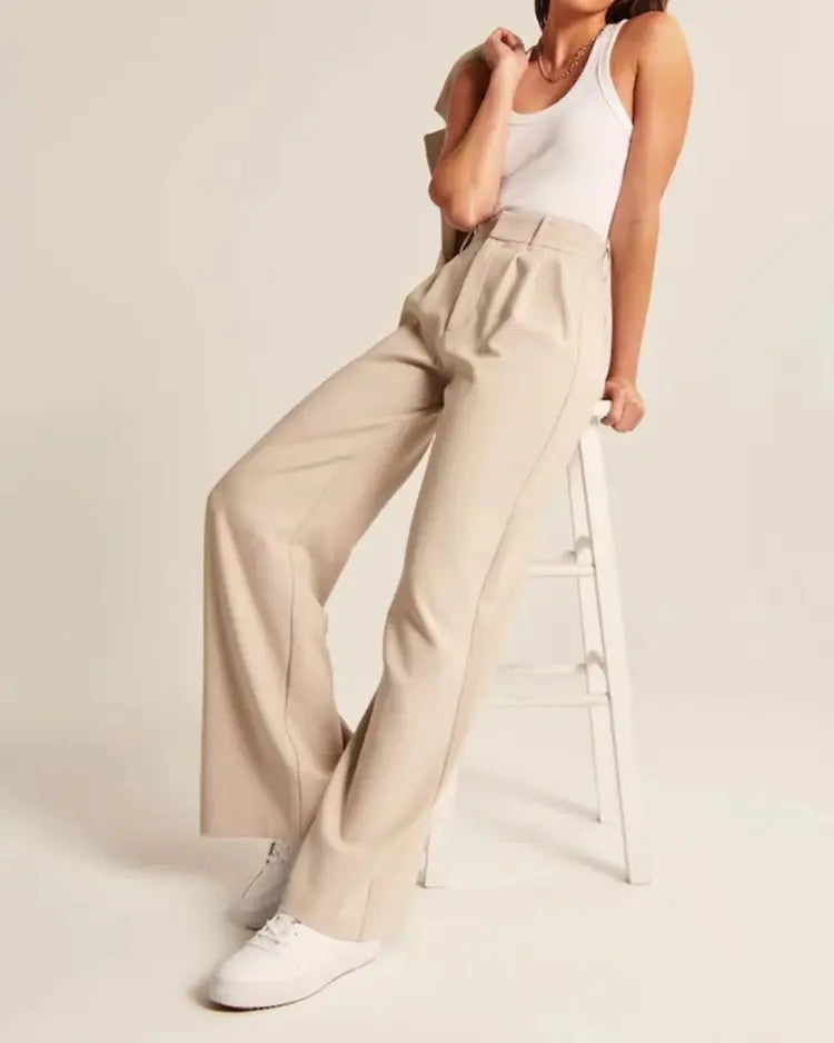 Women's High-Waisted Straight-Leg Trousers Casual Office Wear Slim-Fit Cut Solid-Colour Suit Trousers