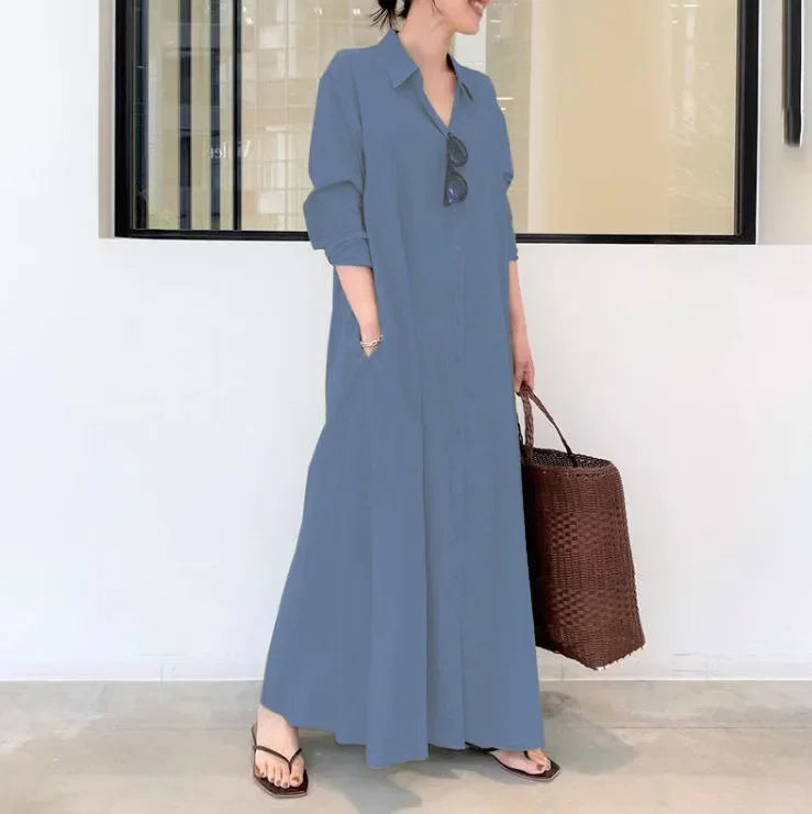 2025 Abayas For Women Cotton Linen Solid Color Lapel Long Sleeve Pocket Robe Femme Musulman Simple Loose Casual Long Shirt Dress