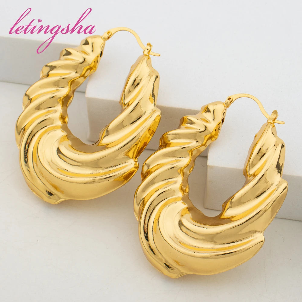 Dubai 18k Gold Plated Jewelry Set for Women Fashion Hoop Earrings African Copper Cuff Bangle Ring Sets Weddings Party Gift