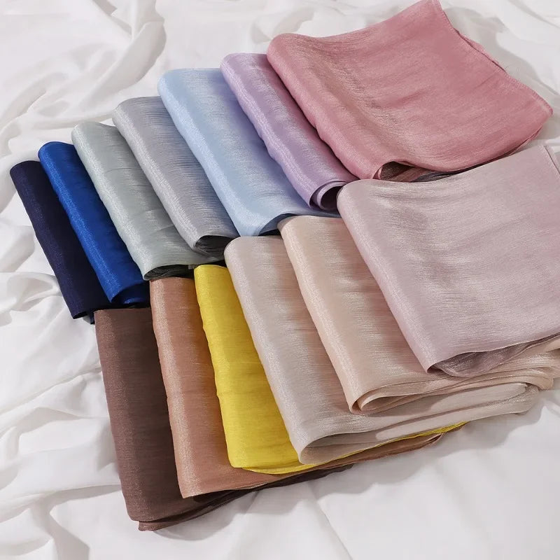Female Shimmer Shawl Silk Hijab Scarf Breathable Cool Island Satin Medine Silk Veil Musulmans Shiny Silk Shawl Women's Scarves