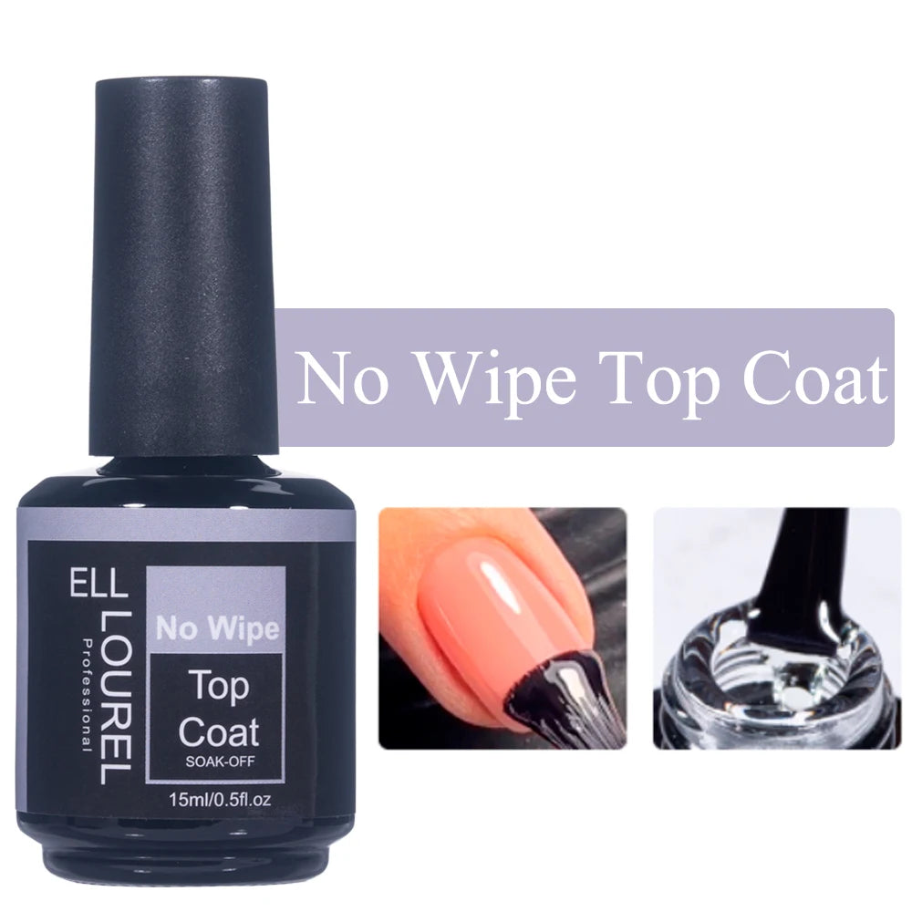 ELL LOUREL Upgrade Base Coat Top Coat No Wipe UV Gel Polish 15ML Semi Permanent Glitter Tempered Top Function Gel Nail Polish