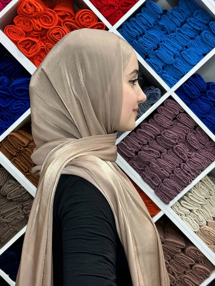 Female Shimmer Shawl Silk Hijab Scarf Breathable Cool Island Satin Medine Silk Veil Musulmans Shiny Silk Shawl Women's Scarves