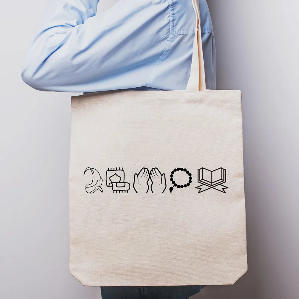 Muslim Essentials Canvas Tote Bag Eid Mubarak Accessories Ramadan Kareem Gifts Islamic Iftar Party Favor Taraweeh Essentials
