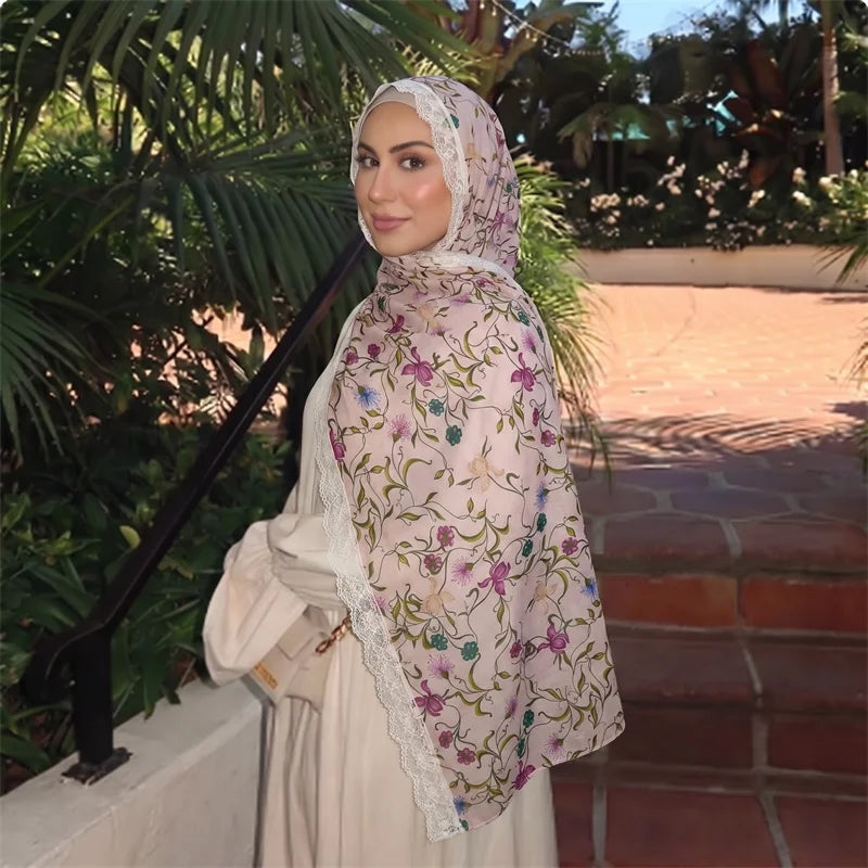 Floral Print Chiffon Muslim Hijab Scarf with Lace Edge