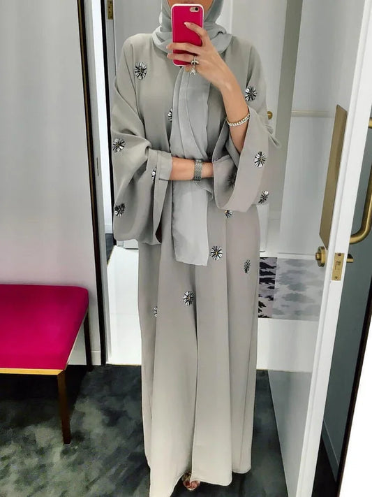 Dubai Elegance Beaded Floral Open Abaya Maxi Robe