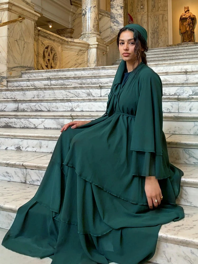 Eid Muslim Abaya for Women Chiffon 3 Layers Cake Party Cardigan Robe Jalabiya Dresses Ramadan Morocco Abayas Kaftan Vestidos