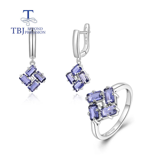 Light Luxury Natural gems Iolite Ring Earring Jewelry Set for Women Elegant Fashion design Anniversary 925 sterling Silver gift