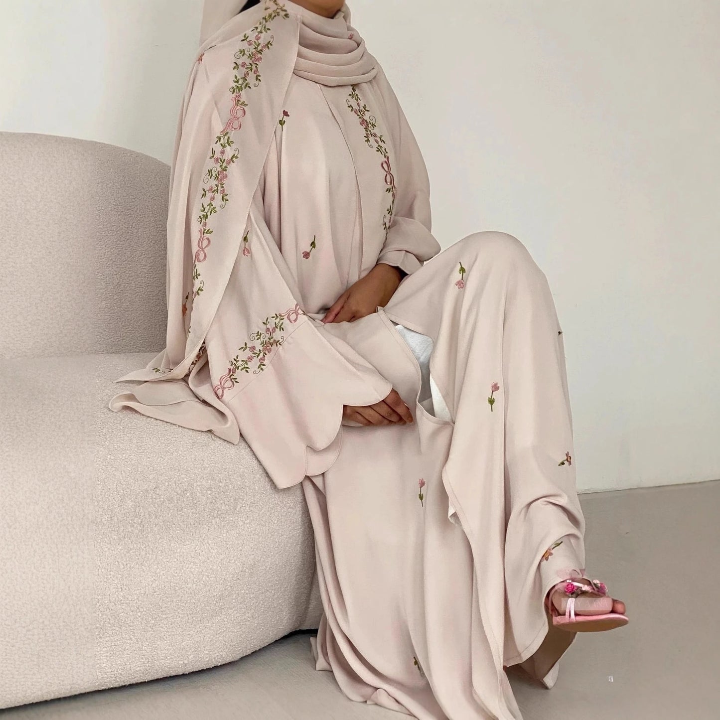 Embroidery Open Abaya and Hijab 2 Piece Set Muslim Dress Abayas for Women Dubai Luxury Islamic Clothing Kaftan Robe Ramadan Eid