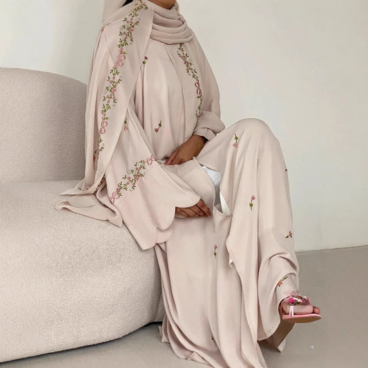 Embroidered Open Abaya & Matching Hijab 2-Piece Set