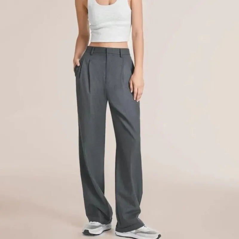 Women's High-Waisted Straight-Leg Trousers Casual Office Wear Slim-Fit Cut Solid-Colour Suit Trousers